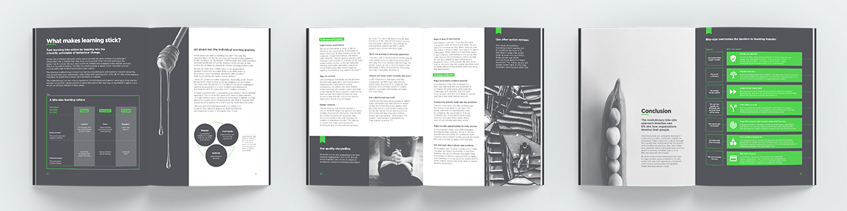 Three open magazine spreads displaying MindGyms whitepapers' style and branding.