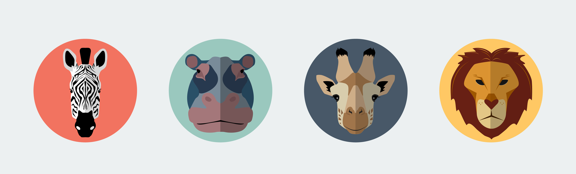 Illustrated circles with animals' heads in them. Left to right: Zebra, Hippo, Giraffe and a Lion.