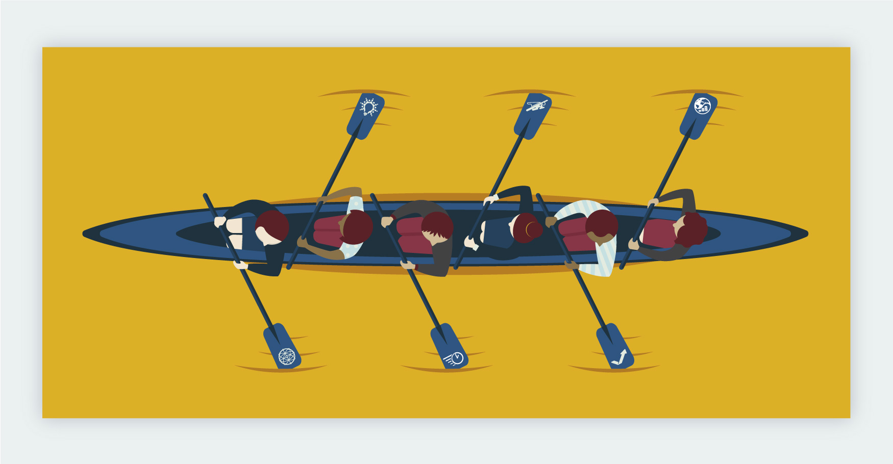 Illustrated top-down view of six people in a rowing boat.