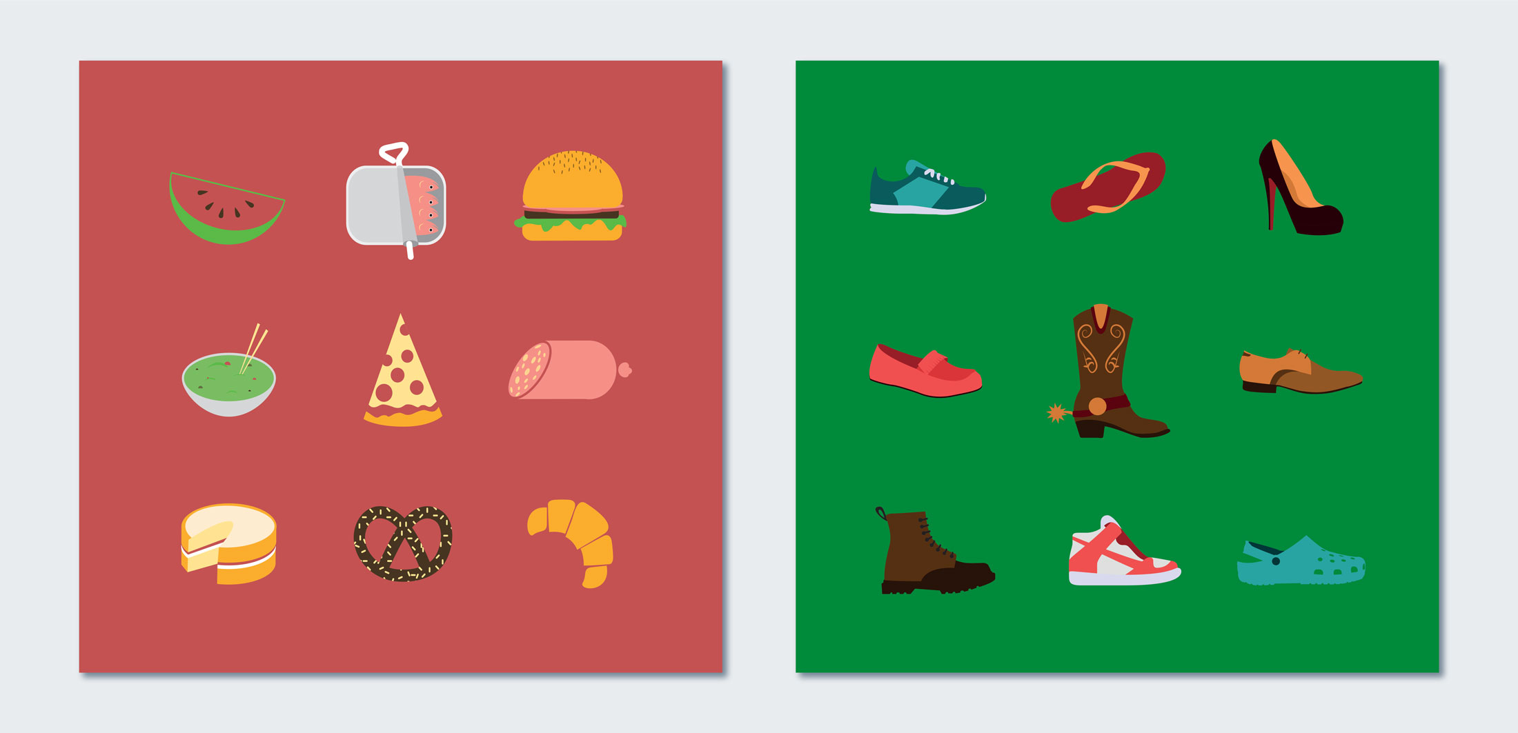 Illustrations of different food items on the left and multiple styles of shoes on the right.