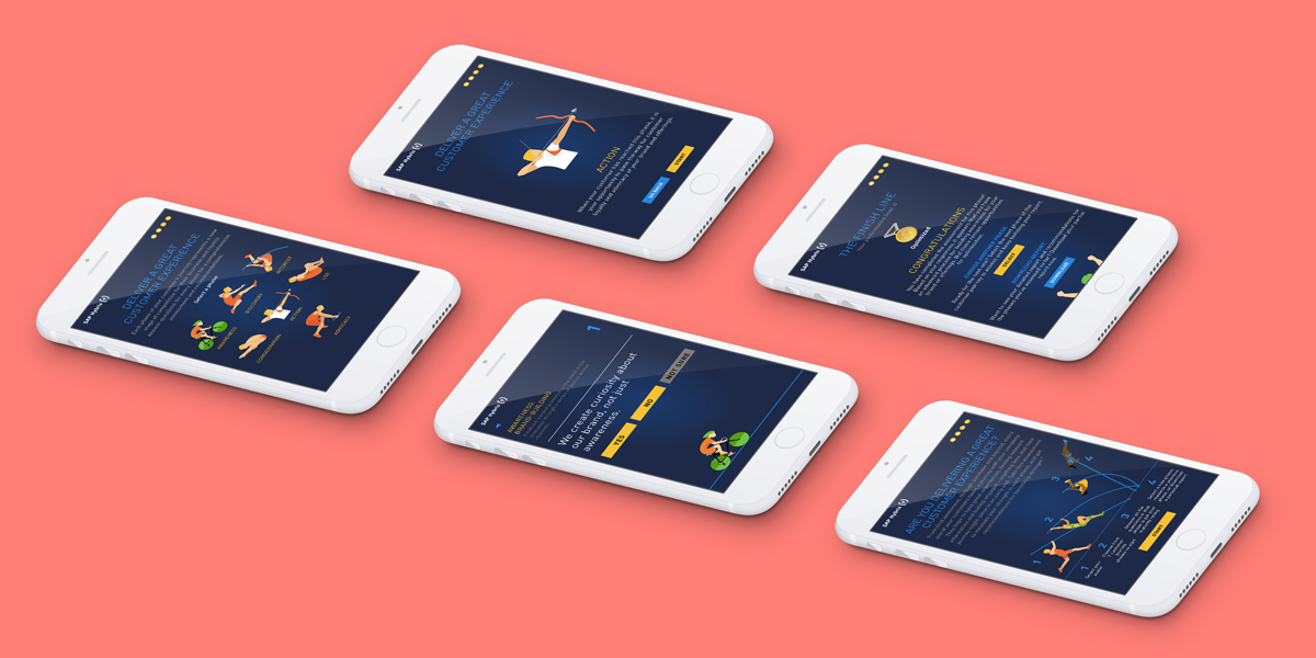 Five illustrated mobile phone mockups with illustrations showing the steps of an online tool.