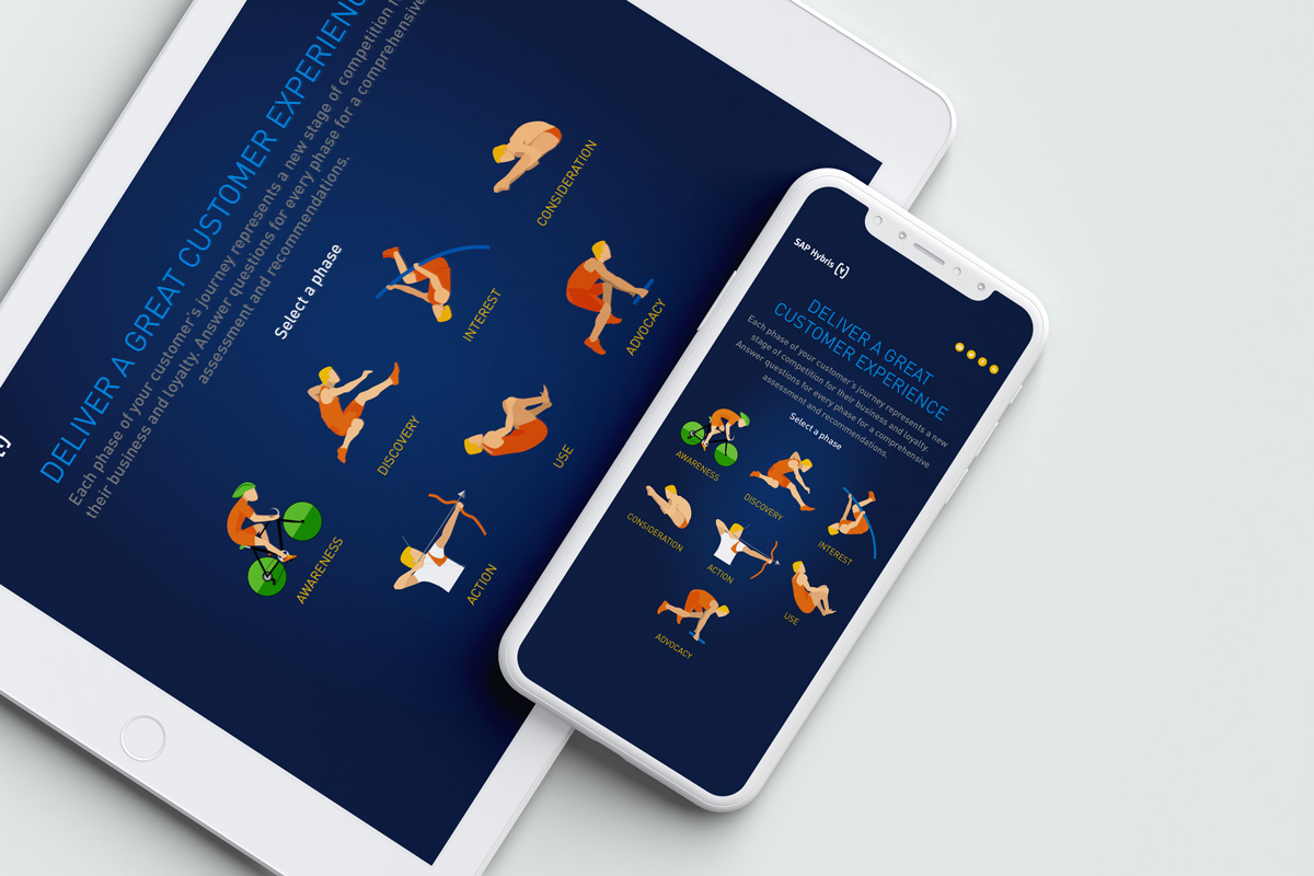 Tablet and phone mockup of sport selection screen with illustrations showing different sports.