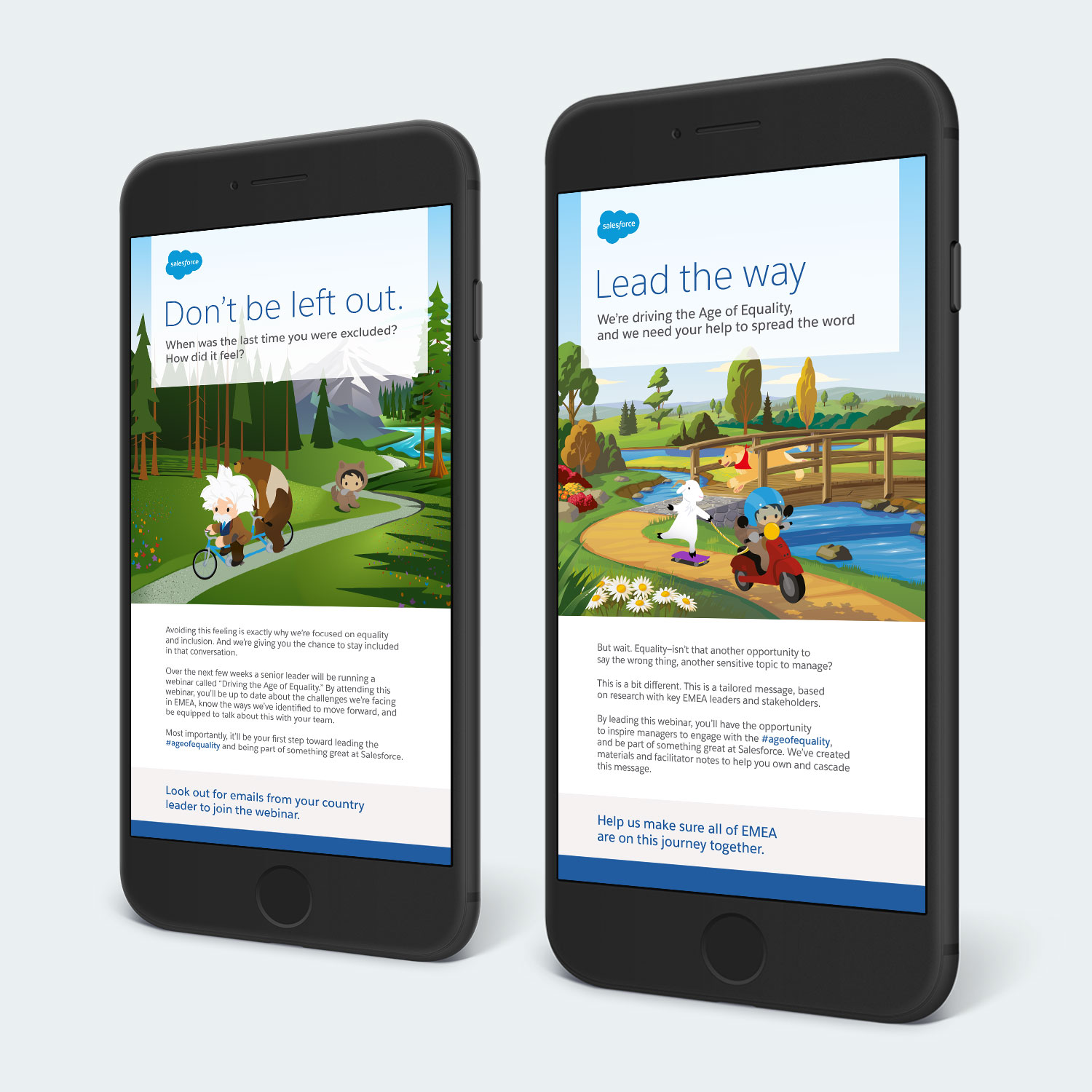 Two phone screens with emails containing some text and header images showing some outdoor activities. 