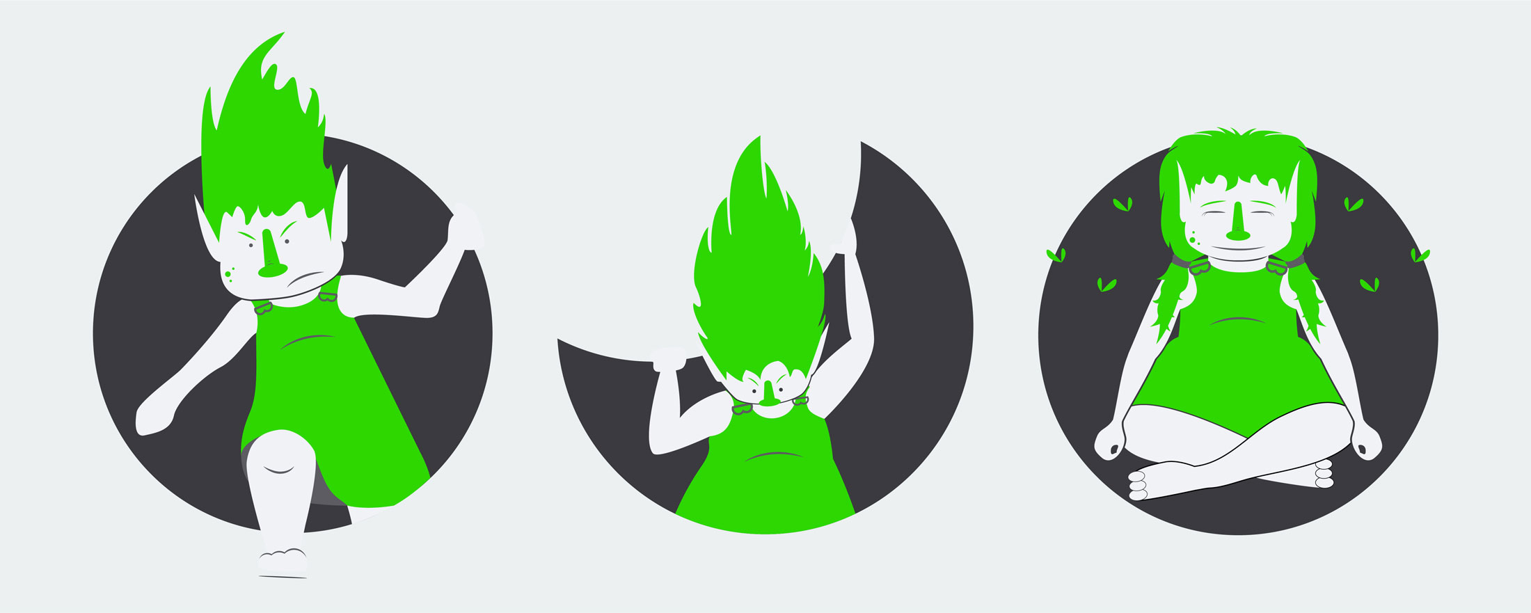 Illustration of three different trolls in MindGym branding.