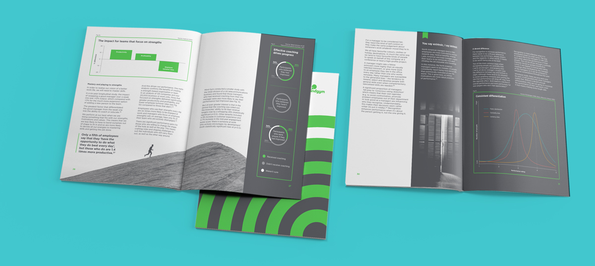 Two magazines spreads, open, displaying work for MindGym's Whitepapers, by graphic designer Faye Dennett.